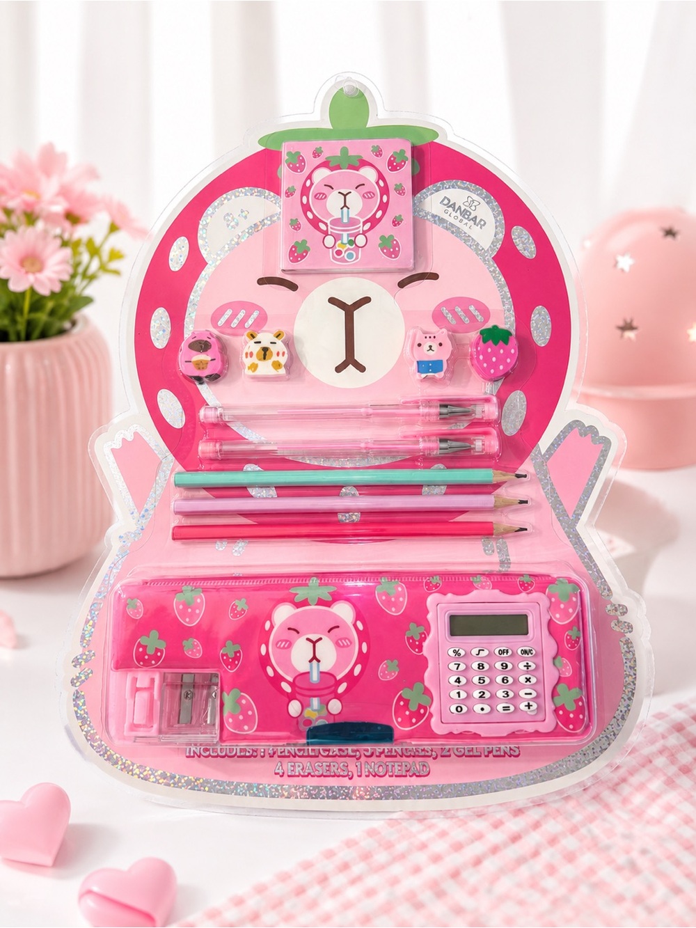 Cute Strawberry Bear Stationery Set Calculator Pencil Case Kawaii School Gift